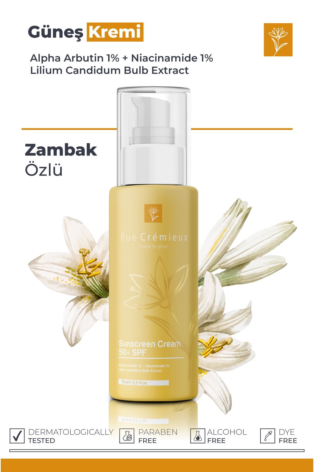 Leke Karşıtı Ve Nemlendirici Spf 50 Zambak Özlü Güneş Kremi 75ml (ARBUTİN NİAC %1) - Tk
